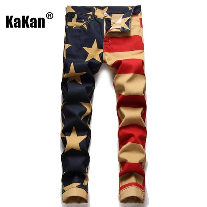 Kakan-y2k New Men's Printed Pattern Jeans, Baggy Jeans Go Out Light Luxury Long Jeans