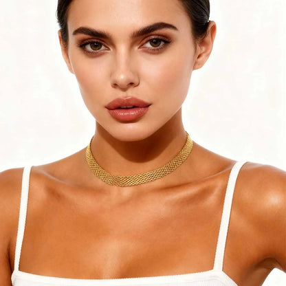 Mesh Chain Choker Necklace for Women, Gold Plated Stainless Steel Minimalist Jewelry