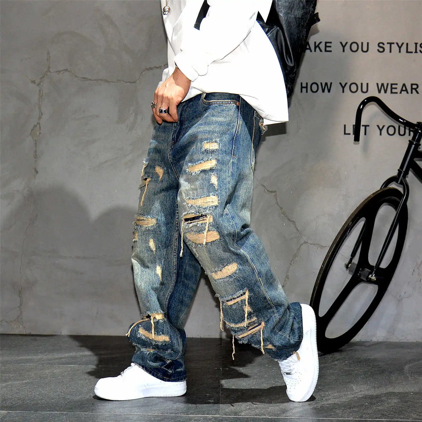 Mens Ripped Baggy Jeans Distressed Denim Streetwear Skateboard Pants Straight Leg Patchwork Oversized Urban Fashion Workwear
