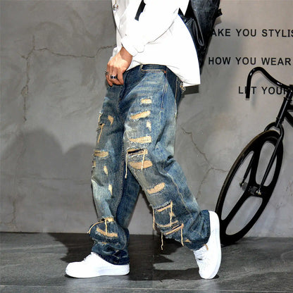 Mens Ripped Baggy Jeans Distressed Denim Streetwear Skateboard Pants Straight Leg Patchwork Oversized Urban Fashion Workwear