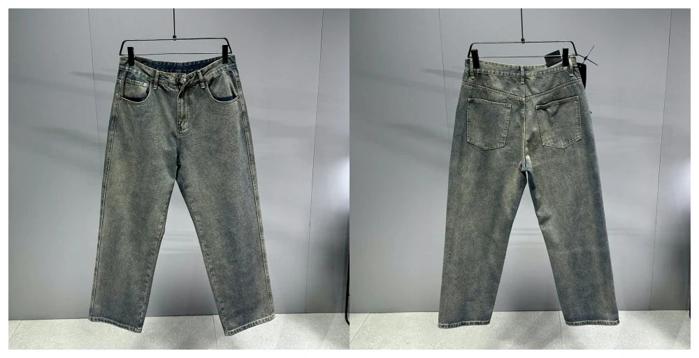 American Streetwear Baggy Jeans For Mens Clothing Vintage Distressed Gray Denim Pants Harajuku Casual Skateboard Pants Male