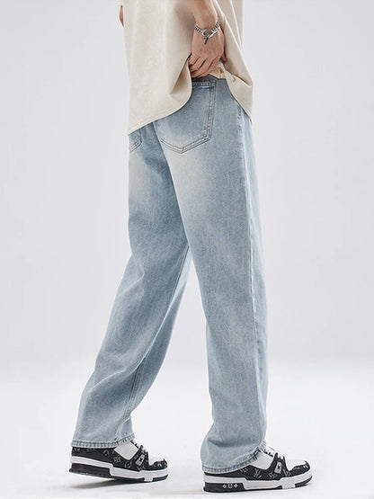 Men's Straight Jeans Korean Fashion Elastic Banded Wide Leg Blue Denim Pants Casual Baggy Jeans Trousers