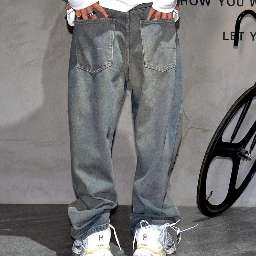American Streetwear Baggy Jeans For Mens Clothing Vintage Distressed Gray Denim Pants Harajuku Casual Skateboard Pants Male