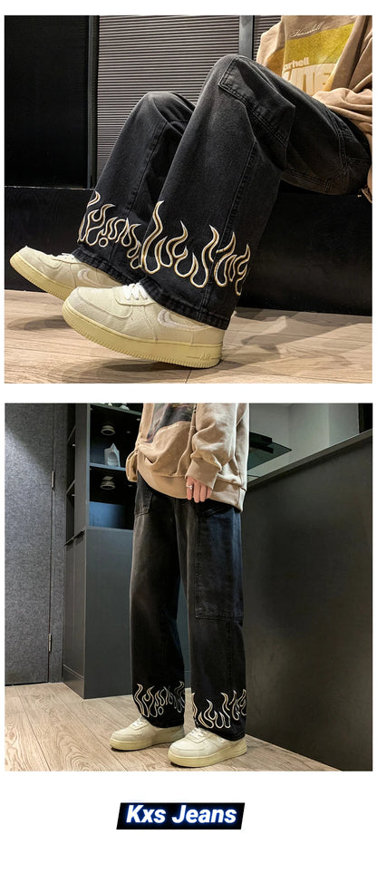 2025 Spring New Personality Embroidery Men's Baggy Jeans Streetwear Loose Straight Denim Trousers Male Brand Clothing