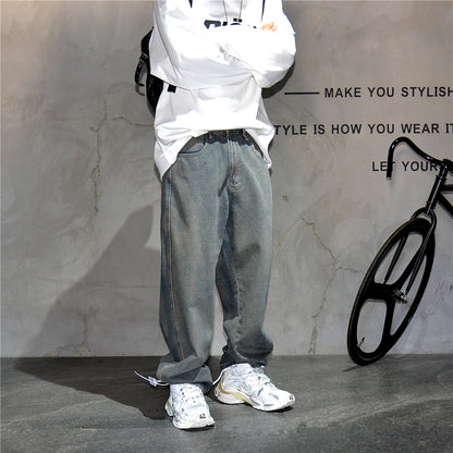 American Streetwear Baggy Jeans For Mens Clothing Vintage Distressed Gray Denim Pants Harajuku Casual Skateboard Pants Male