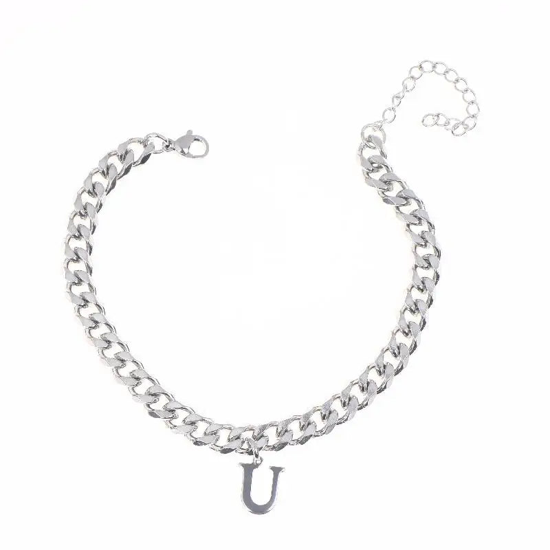 Mens Initials Links Bracelets Stainless Steel A-Z 26 Letters Alphabet Charm Chain Wristband Adjustable Casual Jewelry Gift
