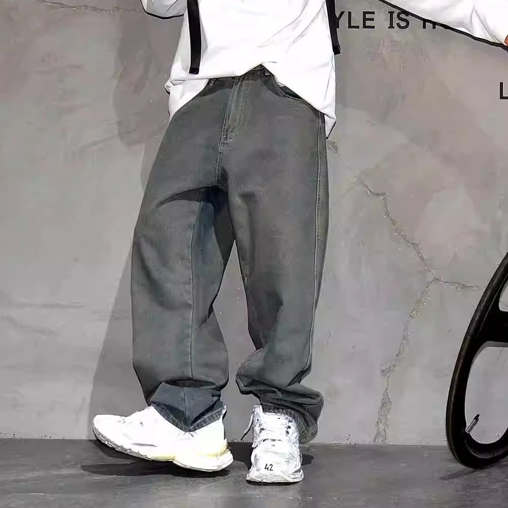 American Streetwear Baggy Jeans For Mens Clothing Vintage Distressed Gray Denim Pants Harajuku Casual Skateboard Pants Male