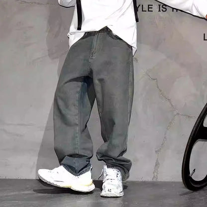 American Streetwear Baggy Jeans For Mens Clothing Vintage Distressed Gray Denim Pants Harajuku Casual Skateboard Pants Male