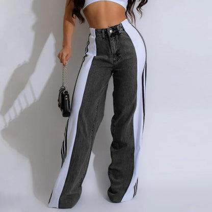 Women's Spring Summer Baggy Jeans Pants High Waist Loose Wide Leg Side Striped Denim Pants Streetwear