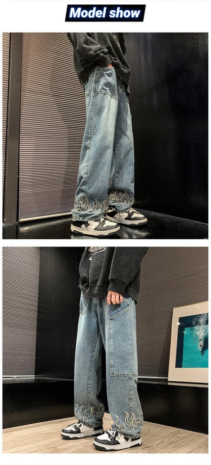 2025 Spring New Personality Embroidery Men's Baggy Jeans Streetwear Loose Straight Denim Trousers Male Brand Clothing