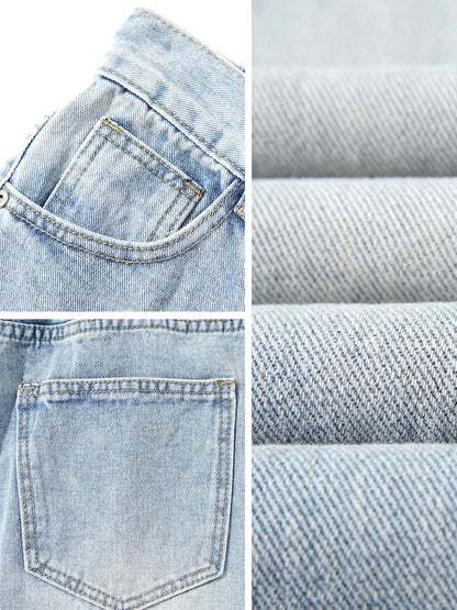 Men's Straight Jeans Korean Fashion Elastic Banded Wide Leg Blue Denim Pants Casual Baggy Jeans Trousers