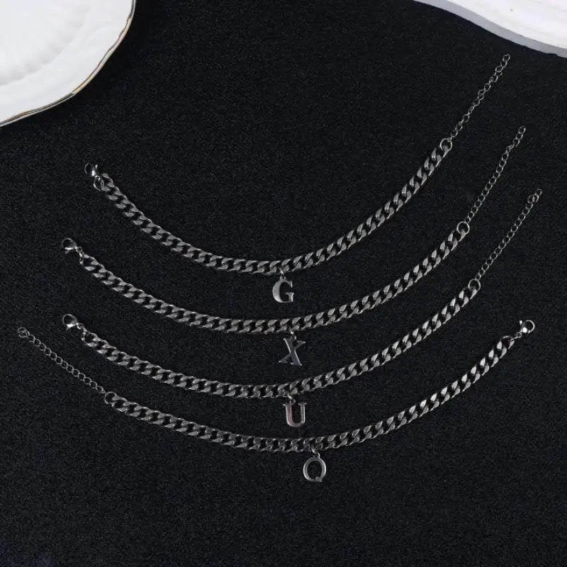 Mens Initials Links Bracelets Stainless Steel A-Z 26 Letters Alphabet Charm Chain Wristband Adjustable Casual Jewelry Gift