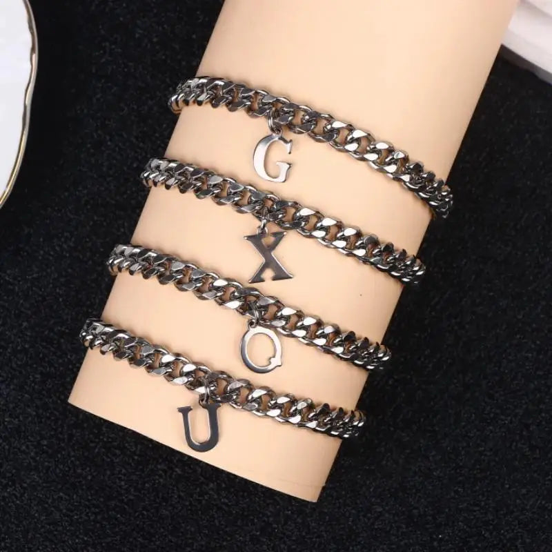 Mens Initials Links Bracelets Stainless Steel A-Z 26 Letters Alphabet Charm Chain Wristband Adjustable Casual Jewelry Gift