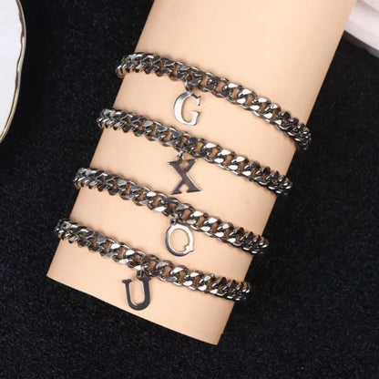 Mens Initials Links Bracelets Stainless Steel A-Z 26 Letters Alphabet Charm Chain Wristband Adjustable Casual Jewelry Gift