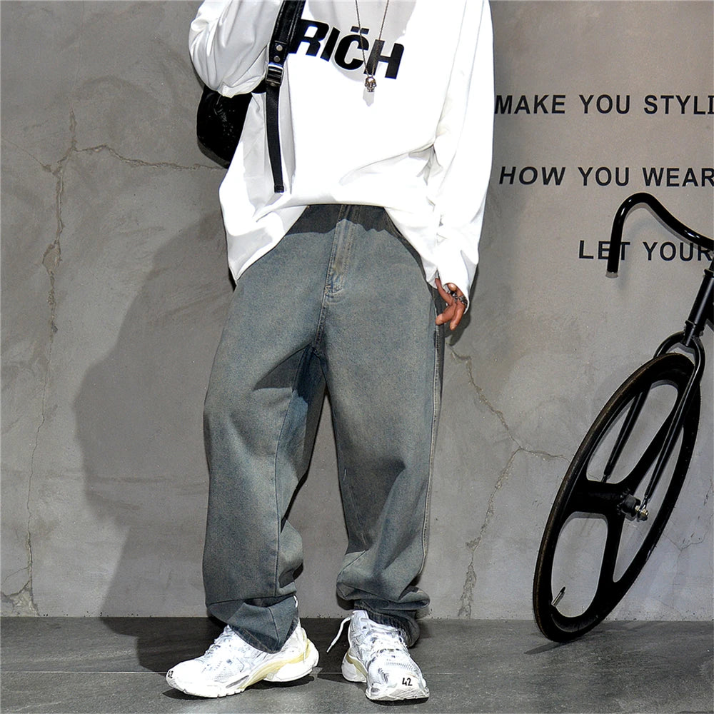 American Streetwear Baggy Jeans For Mens Clothing Vintage Distressed Gray Denim Pants Harajuku Casual Skateboard Pants Male