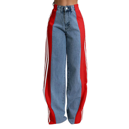 Women's Spring Summer Baggy Jeans Pants High Waist Loose Wide Leg Side Striped Denim Pants Streetwear