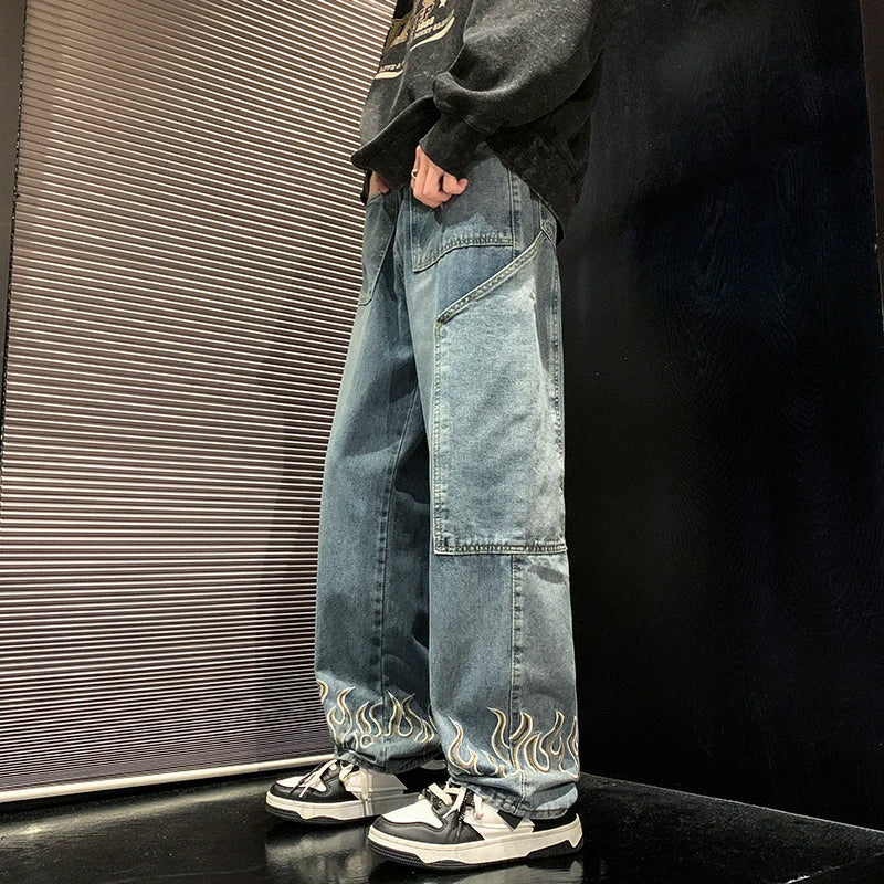 2025 Spring New Personality Embroidery Men's Baggy Jeans Streetwear Loose Straight Denim Trousers Male Brand Clothing