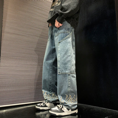 2025 Spring New Personality Embroidery Men's Baggy Jeans Streetwear Loose Straight Denim Trousers Male Brand Clothing