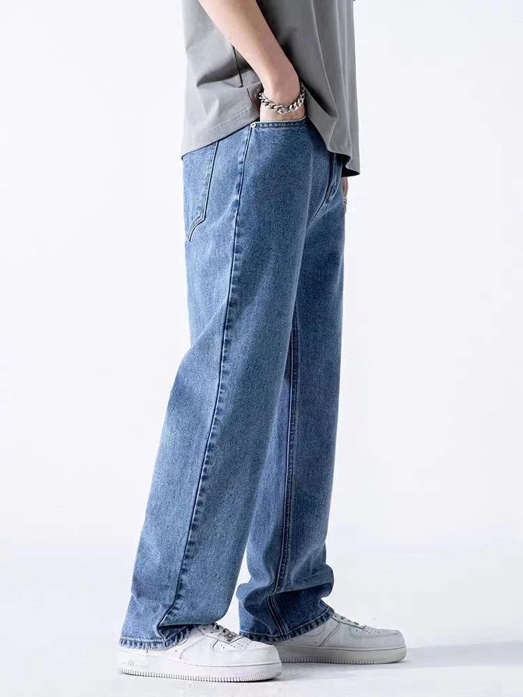 Men's Straight Jeans Korean Fashion Elastic Banded Wide Leg Blue Denim Pants Casual Baggy Jeans Trousers
