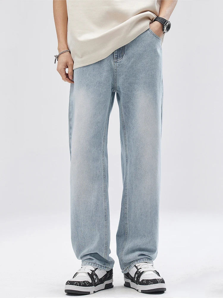 Men's Straight Jeans Korean Fashion Elastic Banded Wide Leg Blue Denim Pants Casual Baggy Jeans Trousers