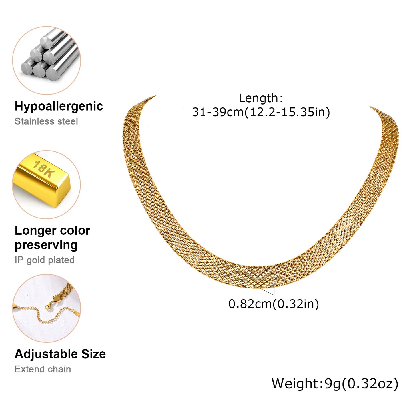 Mesh Chain Choker Necklace for Women, Gold Plated Stainless Steel Minimalist Jewelry